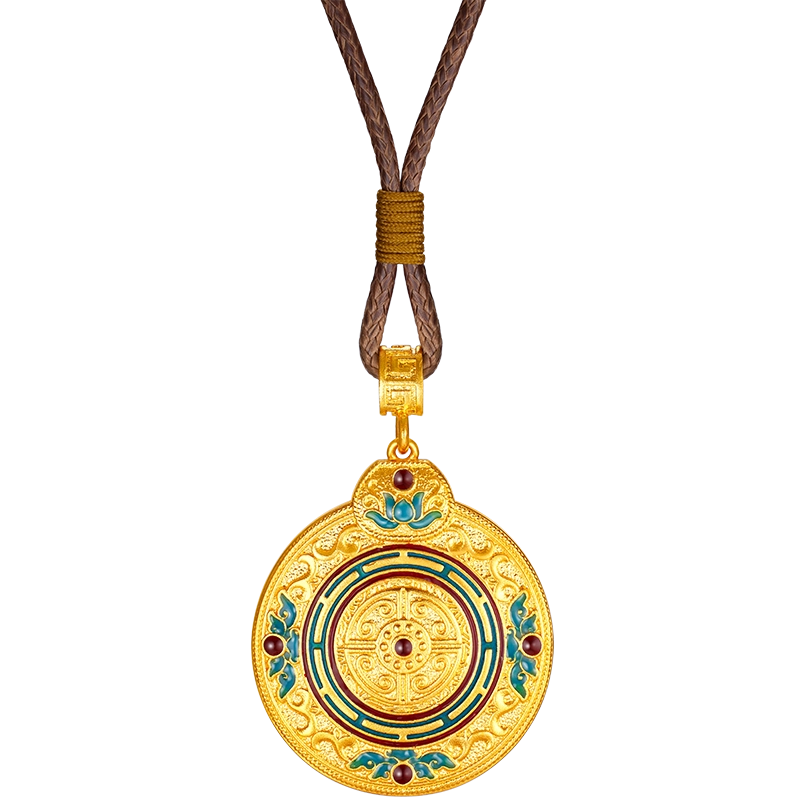 六福珠宝福满传家如意算盘黄金吊坠女圆牌金挂坠