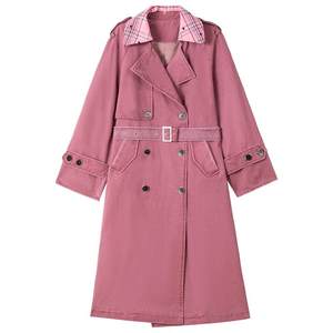 
KEIKO Raspberry Pink Water Washed Silhouette Long Trench Coat 25 Autumn and Winter Slack Double Bretted Lace Coat