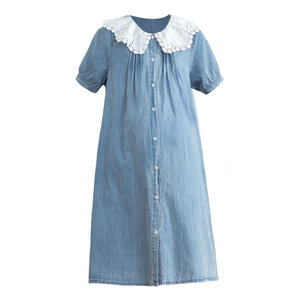 Fisher in the United States Fisher Women's Dress Xia Doll Collar denim skirt Summer thin out -out skirt breastfeeding summer long skirt