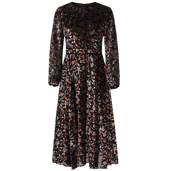 Ma Tiannu women's clothing spring and autumn new black round neck long sleeve high waist big suede floral dress fashionable