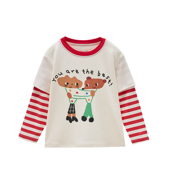 
Q21 Tencel cotton graffiti children's long-sleeved T-shirt for boys and girls color matching fake two-piece bottoming shirt spring round neck top