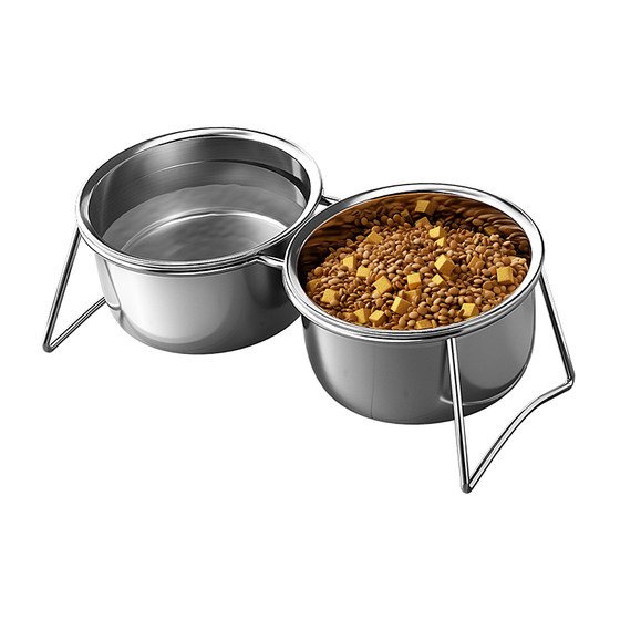 Cat bowl, dog bowl, dog food bowl, pet supplies, stainless steel double bowl drinking bowl, cat elevated rack to prevent overturning rice bowl