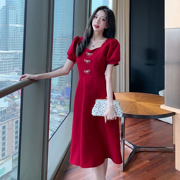 French Square Collar Elegant Dress  High Waist Backless Lace up Floral