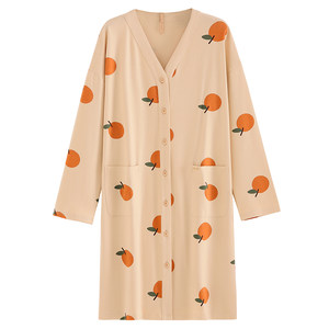 Jialefen's nightdress Women's pajamas spring and autumn long -sleeved pure cotton thin summer cardigan long shirt large size
