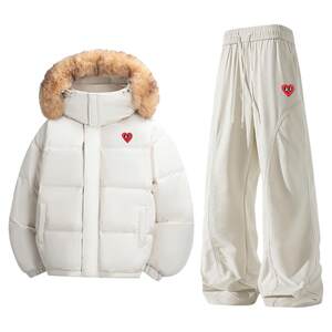 
Charles Heart Fur Collar Hooded Down Jacket Suit Men's Winter Deconstructed Velvet Thickened Casual Pants Two-piece Set