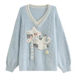 
Mori girl tribe sweet style blue cute cat embroidery V-neck sweater women's loose long-sleeved top 2026 new style