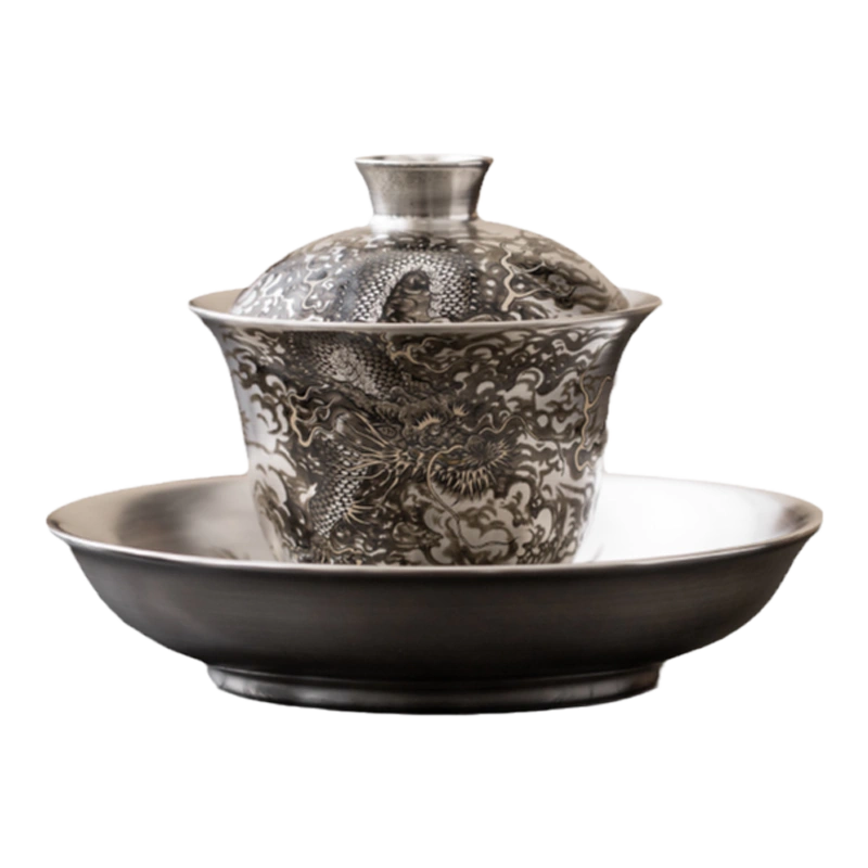 墨龙纯银999盖碗单个盖子高档鎏银功夫茶具小套装三才泡茶杯茶碗-Taobao 