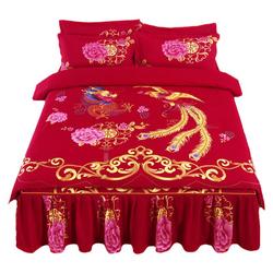 Pure Cotton Wedding Dragon And Phoenix Red Bed Skirt Four-piece Set Chinese Style Wedding Dowry Cotton Bed Cover Quilt Cover Bedding