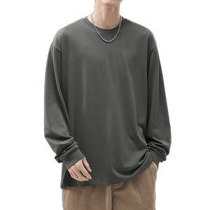 XAKA heavy collar pure color long -sleeved T -shirt male autumn 2024 sweater pure cotton round neck loose bottom shirt
