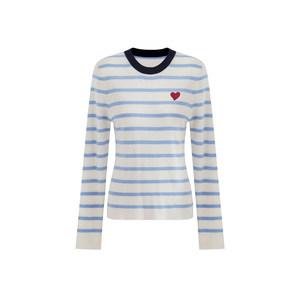 
Fanluo wool love embroidered contrast striped sweater sweater for women 2026 spring round neck soft waxy pullover top