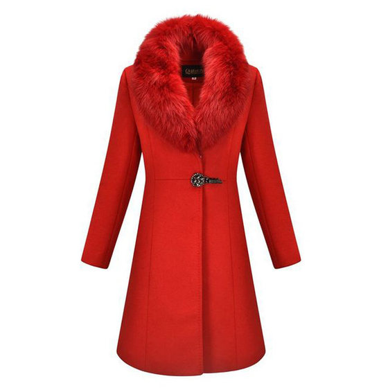 Fox big hair collar cashmere coat women's middle long mothers dress autumn and winter high -end large size waist wool woolen coat
