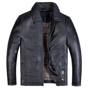 Autumn and winter leather jacket Middle -aged men's head layer thick cowhide business casual lapel leather jacket short single leather jacket