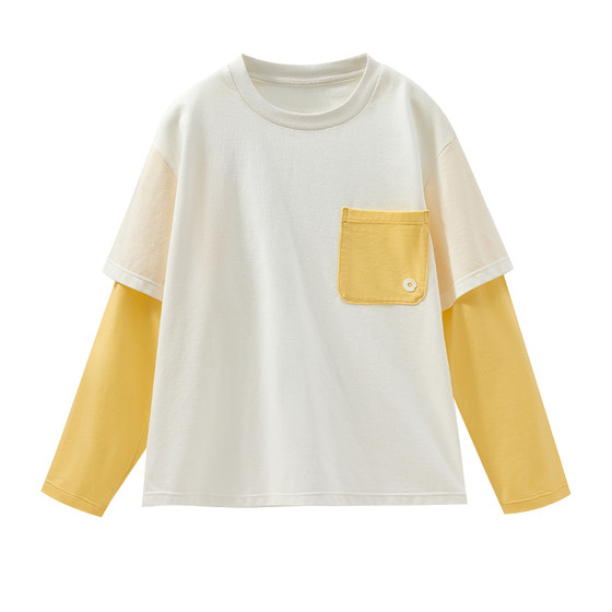 
Q21 children's long-sleeved T-shirt 60 count cotton for boys and girls contrasting color long-sleeved round neck fake two-piece moisture-wicking category A tops