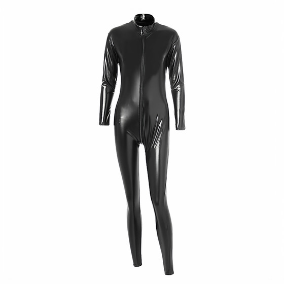 Men and women can wear tight zipper long-sleeved body shaping jumpsuit black patent leather jacket leather pants search officer slim jumpsuit
