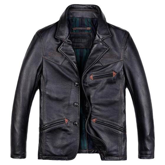 
Genuine leather jacket for men, first-layer cowhide slim fit suit jacket, American Western Ami khaki retro single leather jacket trendy