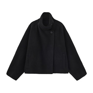 
CUBIC autumn and winter classic black stand-up collar loose 100% sheep wool silhouette short coat jacket EC6060
