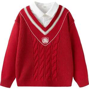 Balabala boys sweater medium-sized children's baby fake two-piece sweater spring and autumn children's clothing children's red top