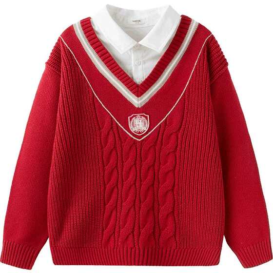 Balabala boys sweater medium-sized children's baby fake two-piece sweater spring and autumn children's clothing children's red top