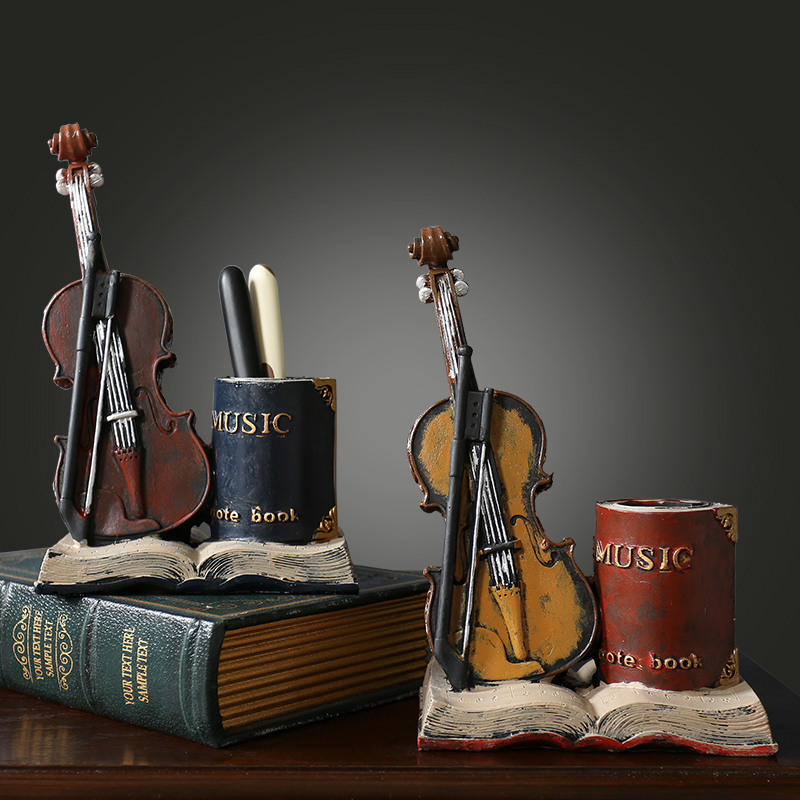 美式复古小提琴创意书桌面个性笔筒摆件书房办公室装饰品实用礼物