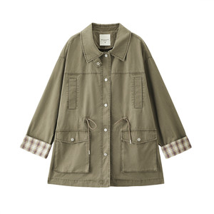 
[Lu Zhengyi Star Style] Giordano pure cotton spliced ​​plaid lapel mid-length windbreaker jacket for women 18375804