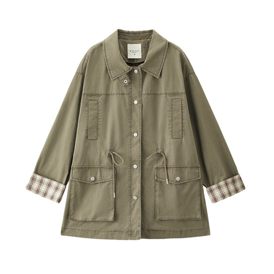 
[Lu Zhengyi Star Style] Giordano pure cotton spliced ​​plaid lapel mid-length windbreaker jacket for women 18375804