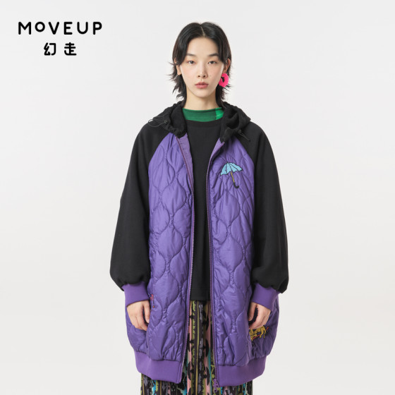 MOVEUP幻走2023秋季新款.FUN系列连帽撞色绣花设计师中长款外套女