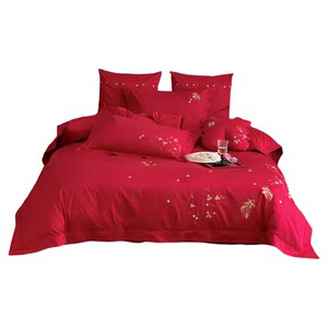 
Golden branches and jade leaves festive wedding quilt cover pure cotton embroidered long staple cotton red new wedding bed simple cotton four-piece set