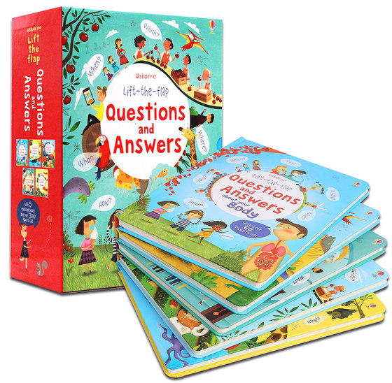 英文原版科普精装绘本 Usborne Questions and Answers 儿童启蒙读物5册 你问我答科学立体翻翻书 人体 动物 恐龙 时间 食物