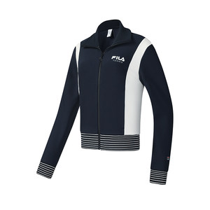 FILA official women's knitted long-sleeved jacket 2025 spring new tennis sports plus velvet color-blocking top
