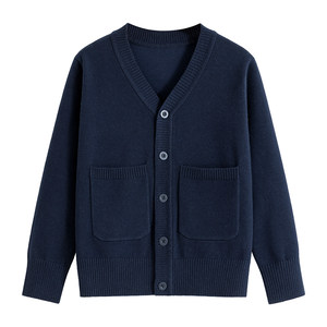 
Cross-border spring and autumn new style medium and large children's knitted cardigan boys students girls sweater jacket pocket school uniform college style