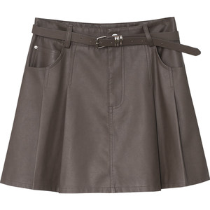 Textured PU leather skirt High-waisted A-line slimming anti-exposure lined pleated skirt Retro style versatile short skirt