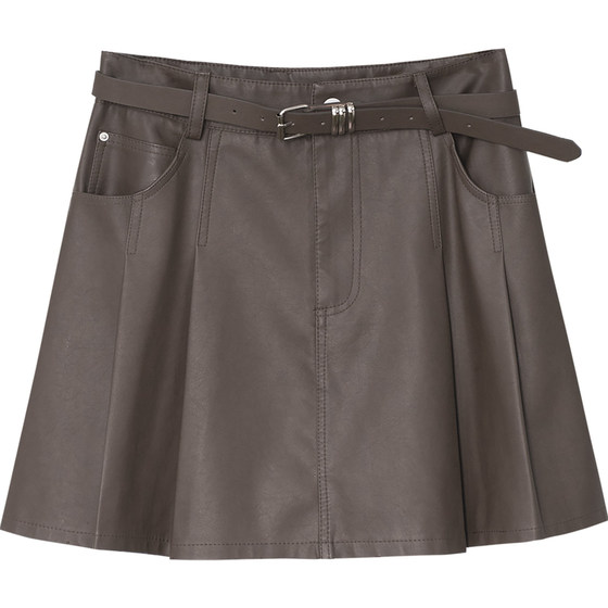Textured PU leather skirt High-waisted A-line slimming anti-exposure lined pleated skirt Retro style versatile short skirt