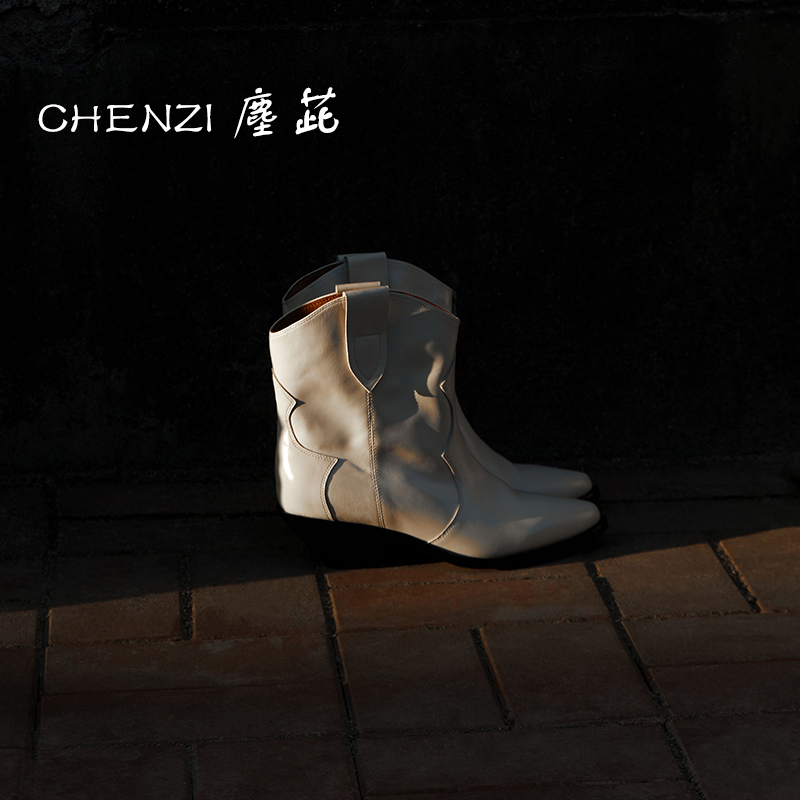 CHENZI塵茈设计师原创孟加拉牛油皮复古白色西部牛仔靴大筒围美式