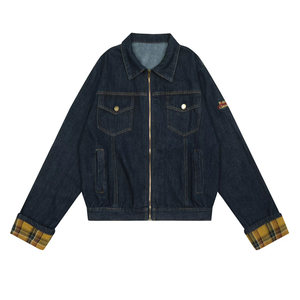 
JMJ 2025 American retro plaid spliced denim jacket for men and women loose ins versatile trendy casual jacket