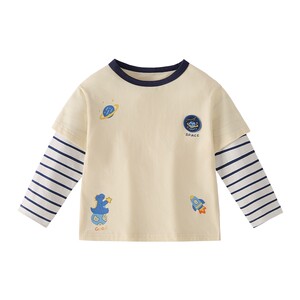 
[7A antibacterial] Boys striped long-sleeved T-shirt children's 1 fake two-piece spliced round neck top baby spring clothes trendy