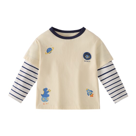 
[7A antibacterial] Boys striped long-sleeved T-shirt children's 1 fake two-piece spliced round neck top baby spring clothes trendy