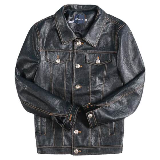 Korean version of slim men's lapel leather leather youth fashion bright line contrasting PU leather jacket trendy men's coat
