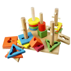 Montessori Children's Early Education Educational Toys Wooden Building Blocks Three-dimensional Geometric Shape Matching Five-column Teaching Aids Set