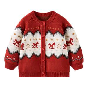 Children's tai baby sweater cardigan autumn and winter pure cotton children's clothes boys and girls go out red festive knitted jacket