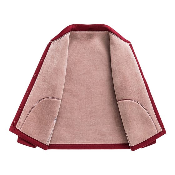 
Middle-aged and elderly autumn and winter red stand-up collar cardigan cotton coat for men and women plus velvet and thickening to keep warm dad and mom couple jackets