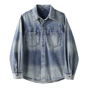 
LUUD heavy wash gradient texture denim jacket men's spring American retro double patch pocket lapel shirt