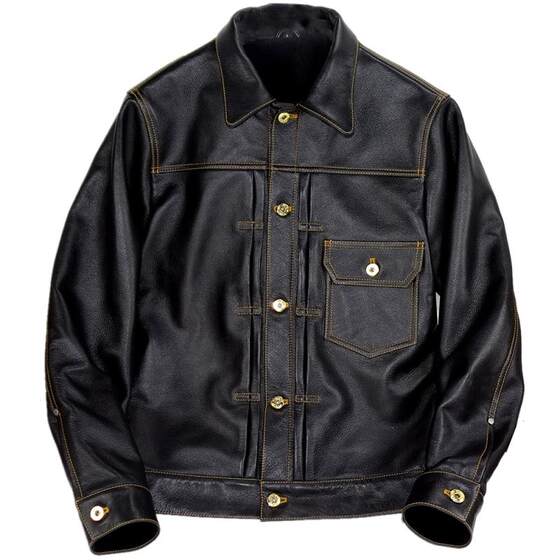 Spring 506 denim modified version of the contrasting color line gold button soft cowhide leather leather leather jacket
