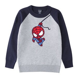 Boys sweater pullover autumn and winter new Korean double -layer warm Spider -Man round collar pure cotton baby plus velvet sweater
