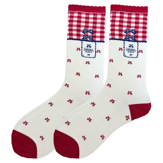 Roji original plaid Cherry lolita socks female spring and summer pure cotton bow skinny leg socks Lolita Japanese
