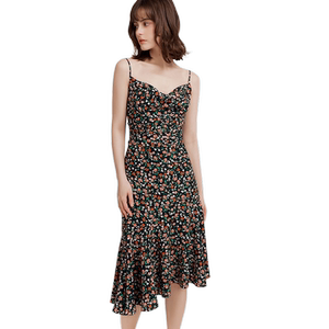 
Fabrique Mulberry Silk Printed Suspender Date Dress Women's High-Quality Silk Floral Swing Collar Wave Long Skirt