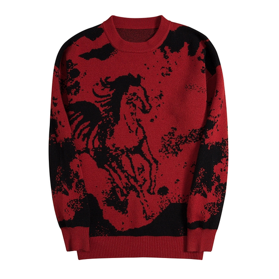 
Year of the Horse New Year's Eve jersey red cashmere sweater men's round neck 2026 new animal year loose lazy sweater trend