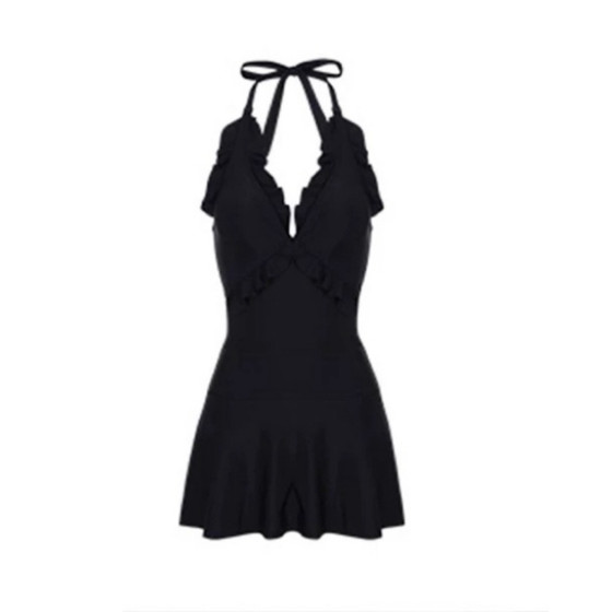 
Swimwear for women 2025 black backless high-end ruffled one-piece skirt style small breast slimming belly covering hot spring swimsuit