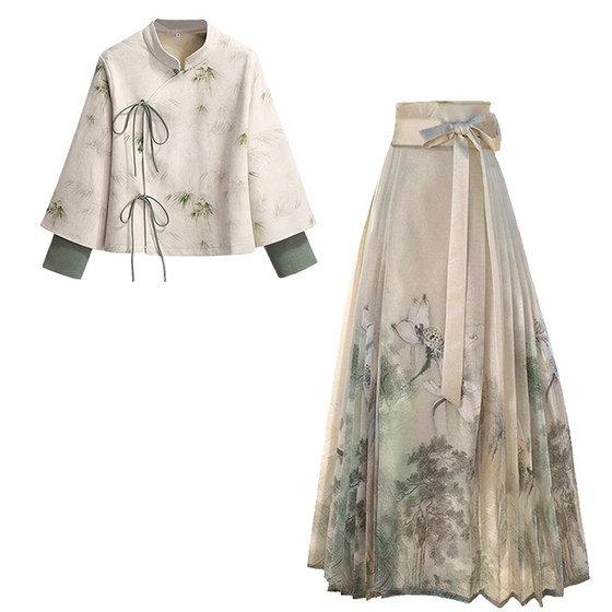 
2025 autumn and winter new style improved Hanfu Tang-made tops ink and wash horse-face skirt suit for small people to wear every day