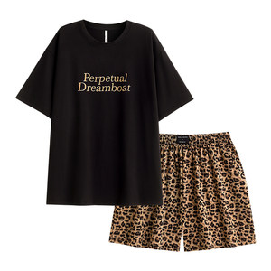 
Yue Nei pajamas for women in summer Modal shorts shorts for home clothes casual round neck pullover can be worn leopard pattern on the outside