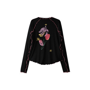 
Eared uare original design tundra scenery poem bird rose apple print tencel long sleeve blouse T-shirt